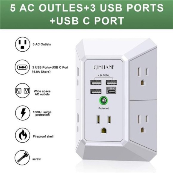 USB Wall Charger, Surge Protector, QINLIANF 5 Outlet Extender with 4 USB Ports - Picture 3 of 7